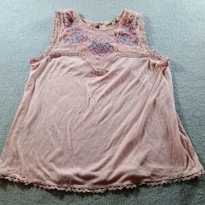 G Collection Women Embroidered Tank Top Pink Small Crochet Trim Boho MRNB3298